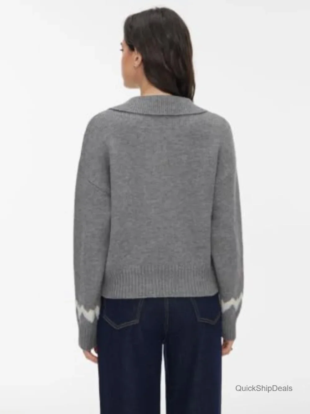 Women Fair Isle Argyle Knit Sweater Polo V Neck Long Sleeve Pullover Top